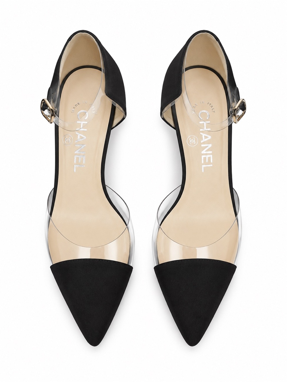 CHANEL Black PVC & Satin Cap Toe D’Orsay Pumps Heels Size 38 Made in Italy